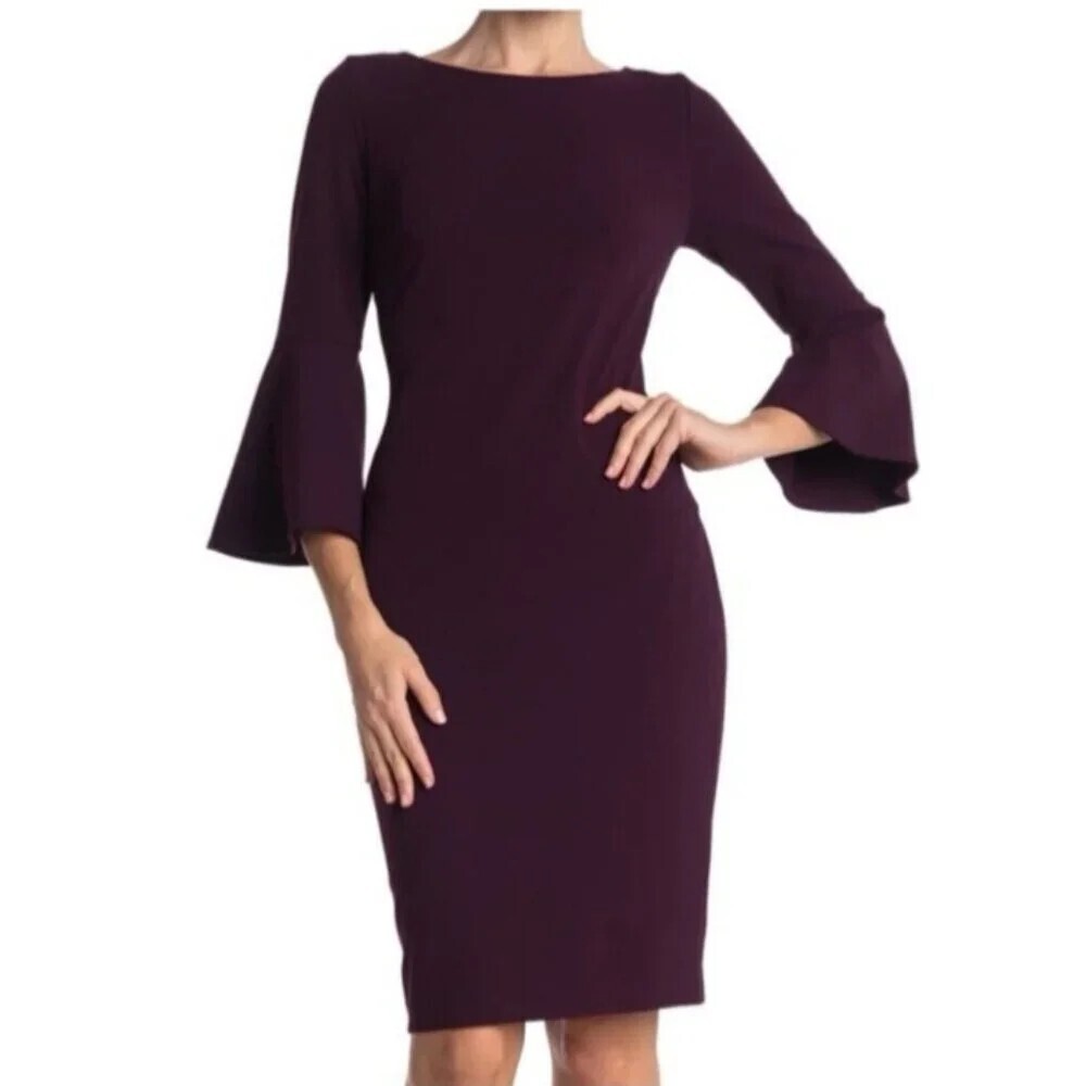 Calvin Klein Bell Sleeve Sheath Pencil Dress 3/4 Sleeve Plum Purple - 2 Petite